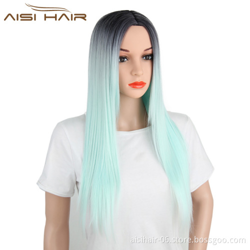 Aisi Hair Cosplay Long Straight Synthetic Wigs For Black Women Top Quality Ombre Green Color Wig Heat Resistant Fiber